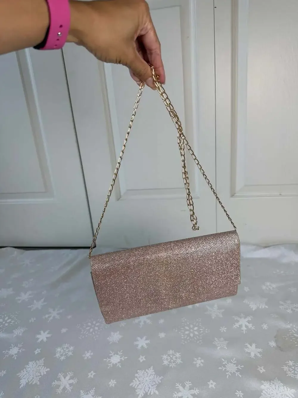 Rose Gold Glitter Envelope Clutch Purse Gold Chain Wedding Prom Evening Bag